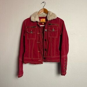 Women's Red Denim Jacket with Faux Fur Collar